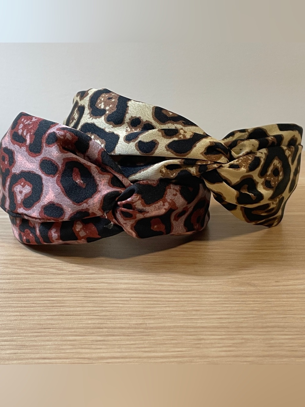 Leopard Print Knot Headband Set Blush & Tan Animal Print Satin Feminine Soft